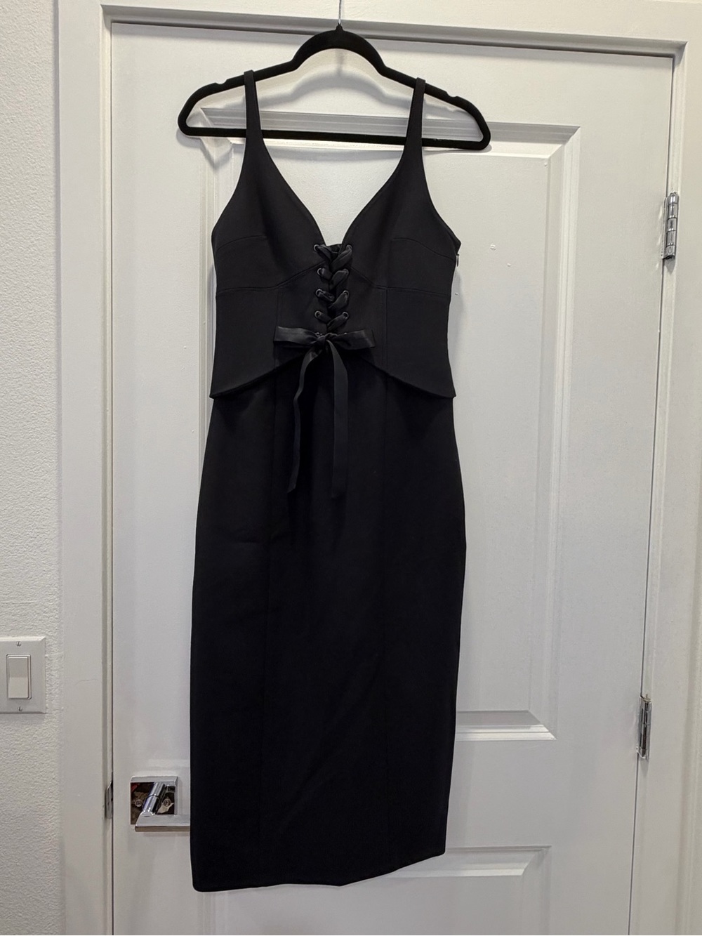 cinq a sept Black Lace-Up Midi Dress with Bow Tie